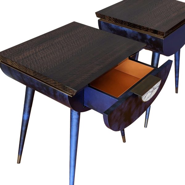 Pair of Bedside Tables in Blue Vellum, Marble, Bronzed Brass, Fumed Eucalyptus - Image 5