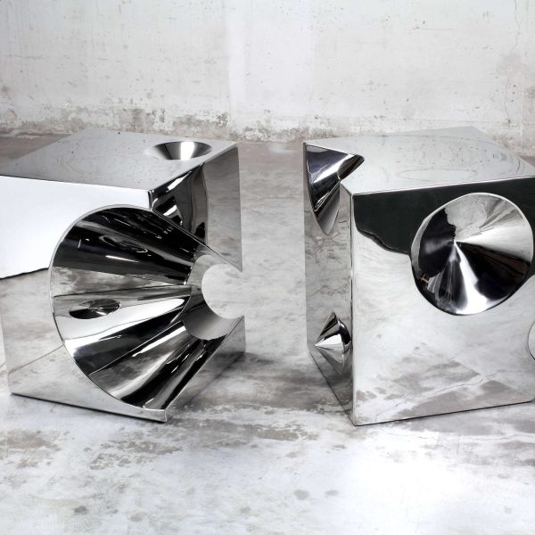 Side End Table Contemporary Square Cube Mirror Steel Collectible Design Italy - Image 4