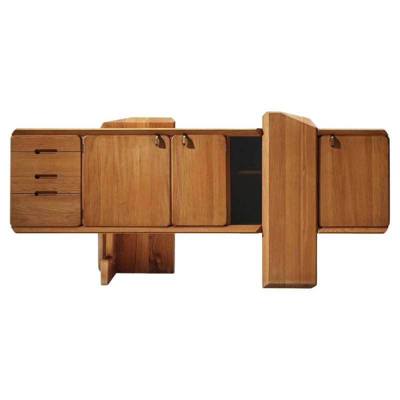 Early Pierre Chapo 'R28' Sideboard in Solid Elm and Brass