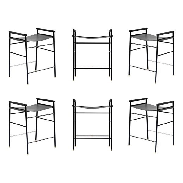 Set of 6 Contemporary Counter Bar Stool Black Leather & Black Rubber Metal