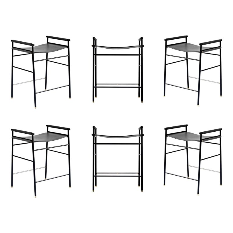 Set of 6 Contemporary Counter Bar Stool Black Leather & Black Rubber Metal