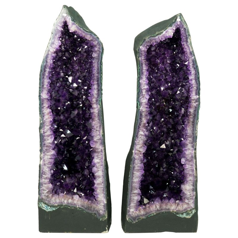 Pair of Amethyst Cathedral Geodes, Violet Purple with Large Amethyst Druzy