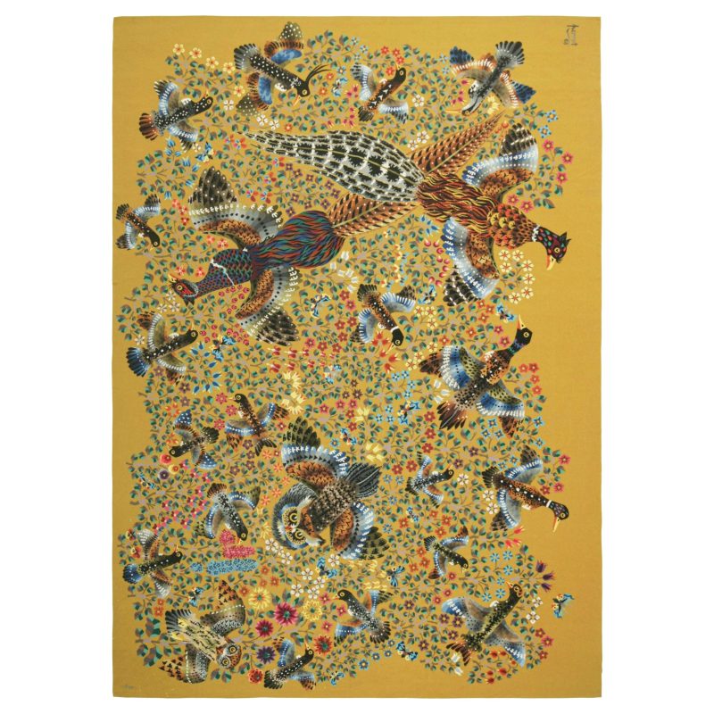 Signed Vintage Rene Perrot Pictorial and Floral Tapestry Rug & Kilim
