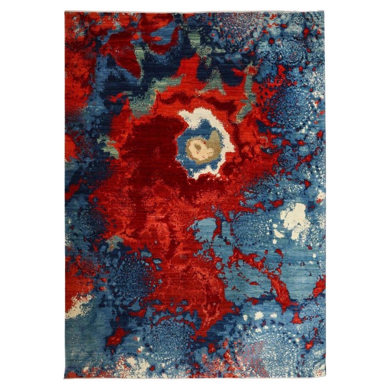 Modern Abstract Magma Wool Persian Rug in Red and Blue Tones, 10' x 14'