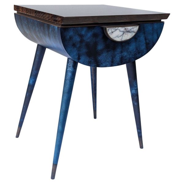 Pair of Bedside Tables in Blue Vellum, Marble, Bronzed Brass, Fumed Eucalyptus