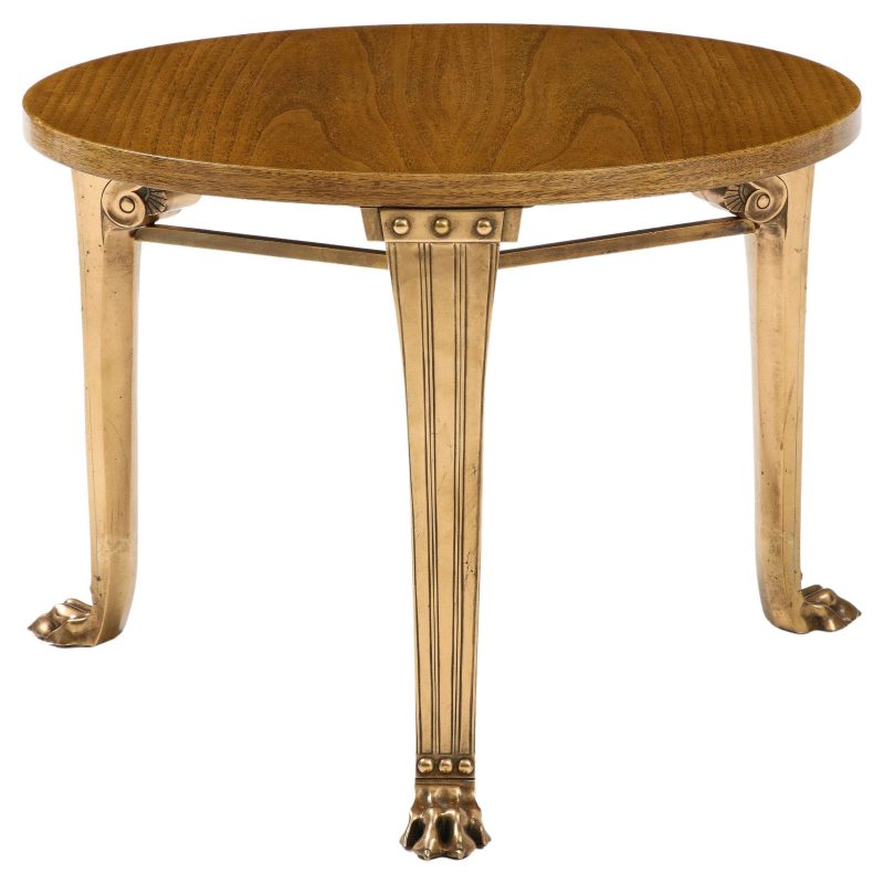 T.H. Robsjohn-Gibbings 'Saridis' Tripod Walnut Table with Polished Bronze Base