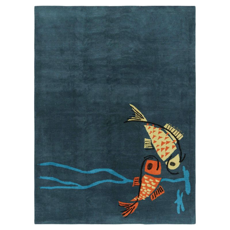 Vintage Zeki Müren Rug in Navy Blue with Fish Pictorials