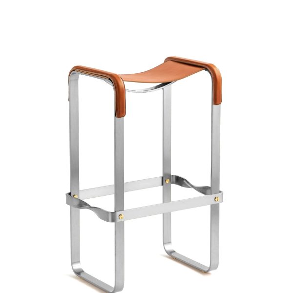 Set of 3 Classic Contemporary Bar Stool Silver Aged Metal & Natural Tobacco Leather - Image 2