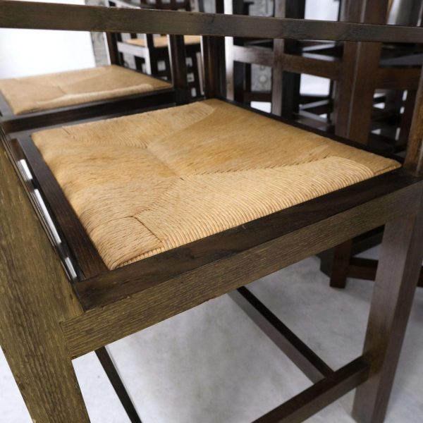 Brown Oak Cassina Macintosh Drop Leaf Dining Table 6 Rush Seat Chairs Set Mint - Image 8