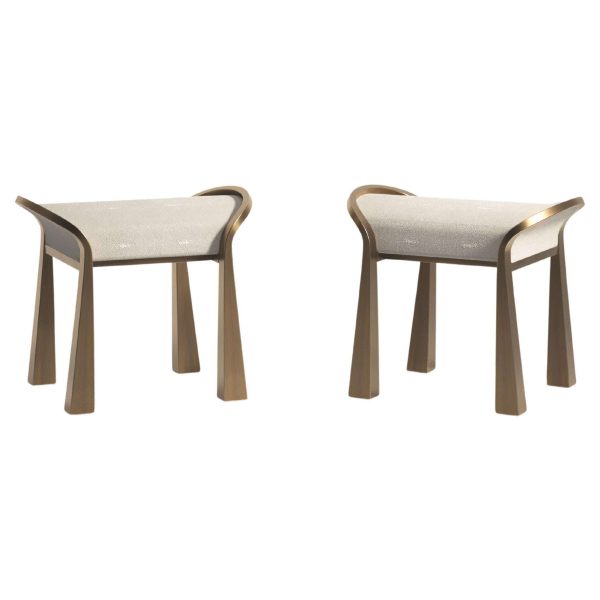 Pair of Shagreen Inlaid Stools with Sculptural Brass Legs by R&Y Augousti