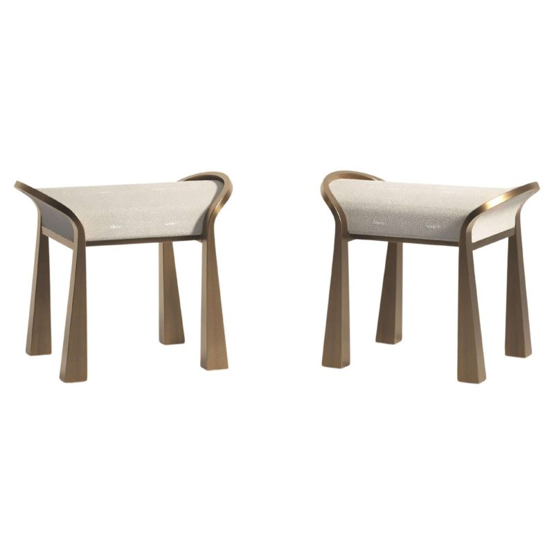 Pair of Shagreen Inlaid Stools with Sculptural Brass Legs by R&Y Augousti