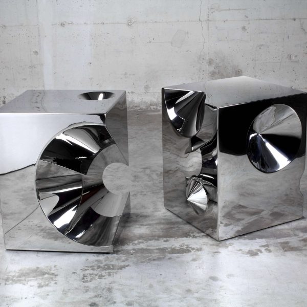 Side End Table Contemporary Square Cube Mirror Steel Collectible Design Italy - Image 3