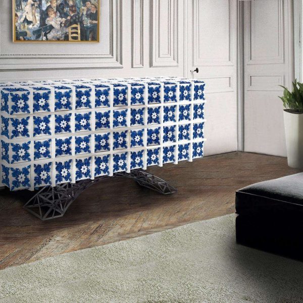 Luxury Contemporary Modern Cabinet Sideboard in Iron and Blue Hand Painted Tiles - Image 5