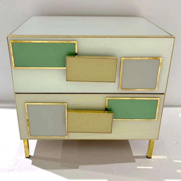 Pair Italian Geometric Pair Postmodern Yellow Green Cream Gray Glass & Brass Chests - Image 2
