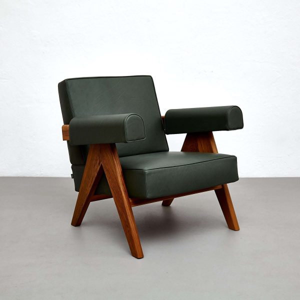Pierre Jeanneret 053 Capitol Complex Teak Wood Green Leather Armchair by Cassina - Image 3