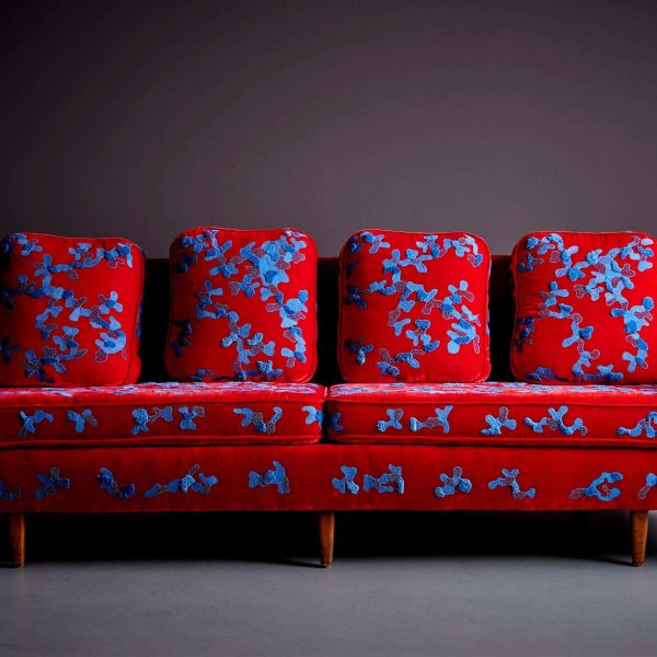 Red and Blue Harvey Probber Sofa with Jupe by Jackie Hand Embroidered Fabric - Image 9