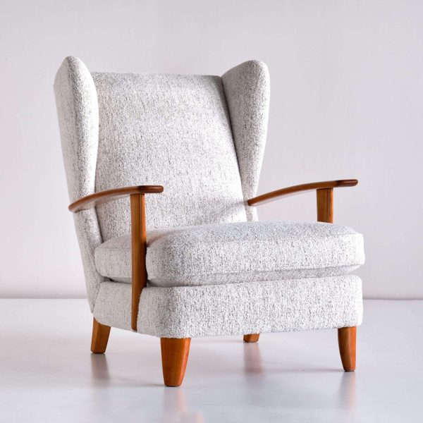 Gio Ponti Wingback Chair in Cherry Wood and Mélange Nobilis Fabric, Italy, 1929 - Image 8