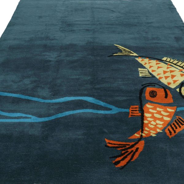Vintage Zeki Müren Rug in Navy Blue with Fish Pictorials - Image 3