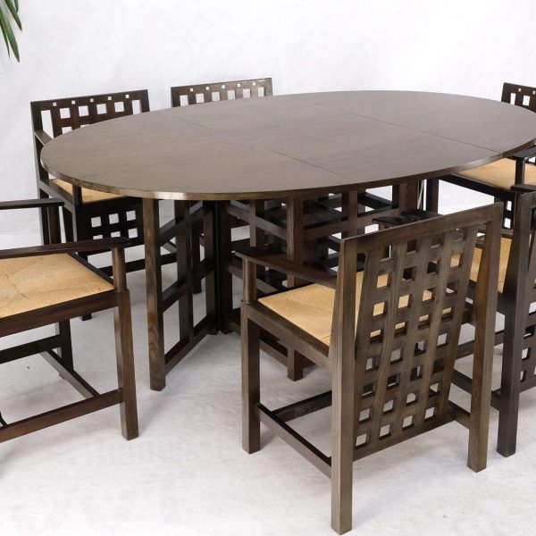 Brown Oak Cassina Macintosh Drop Leaf Dining Table 6 Rush Seat Chairs Set Mint - Image 3